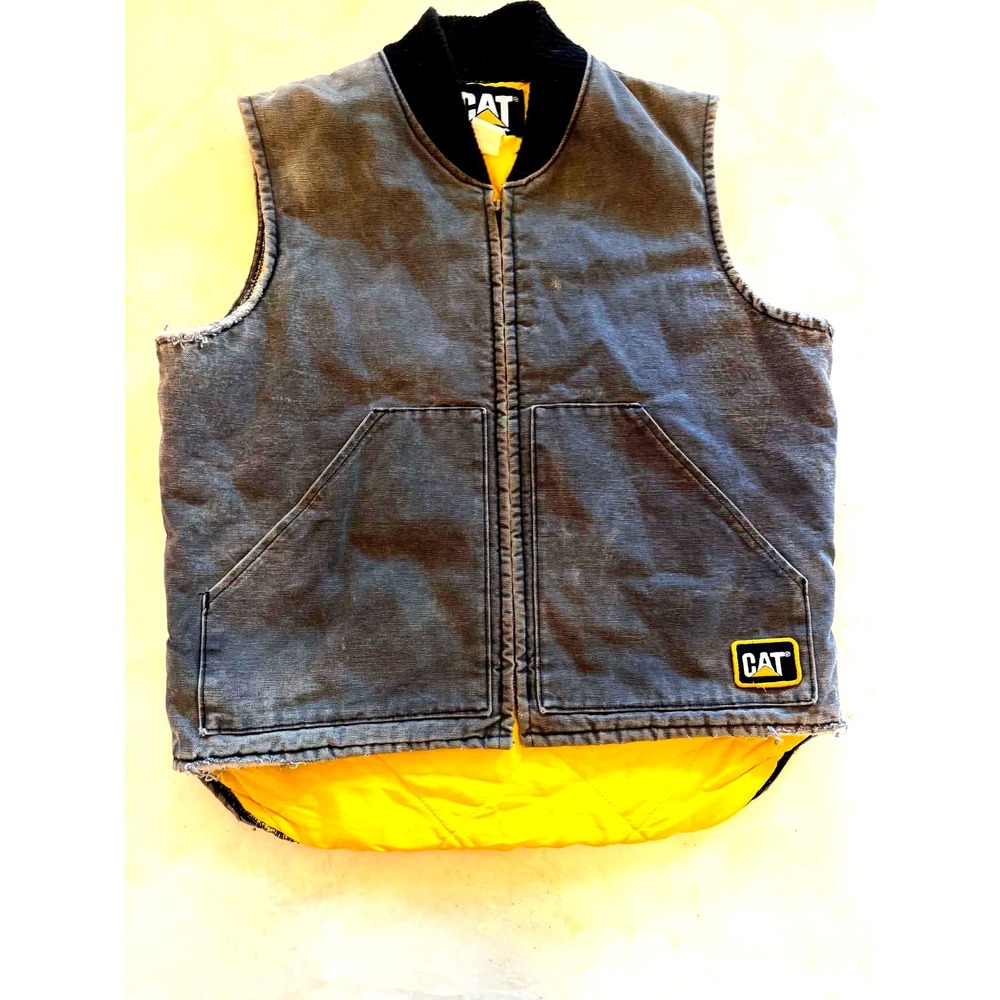 Vintage CAT Caterpillar Duck Canvas Vest Quilted Lined USA Made Workwear Sz L